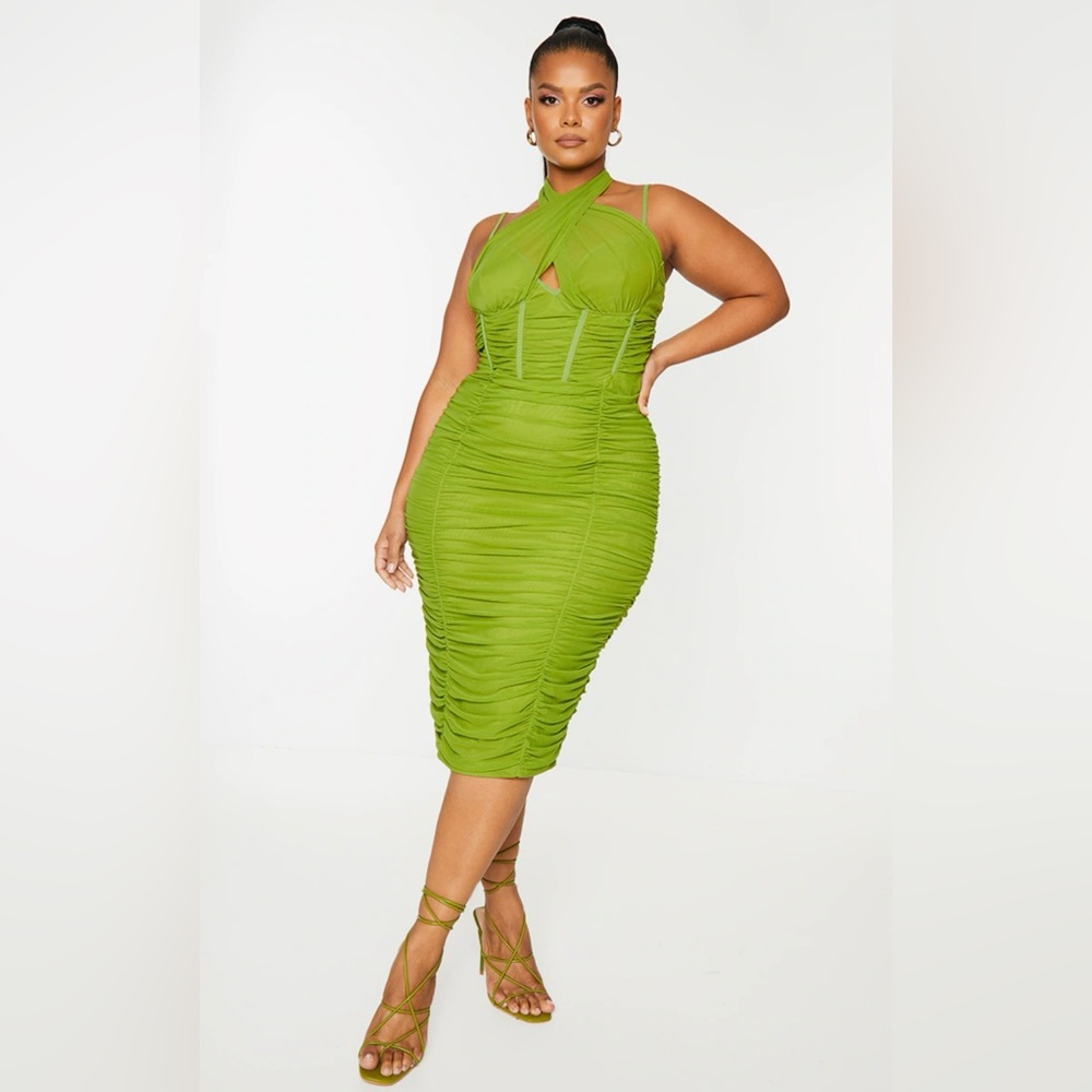 Plus Olive Mesh Cross Front Corset Detail Midi Dress